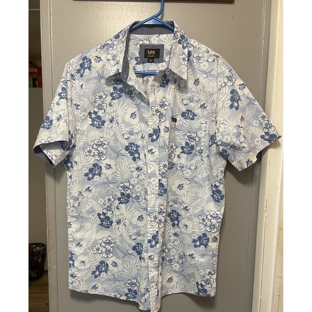 Lee Floral Button Up Shirt Mens Large Short Sleeve Lightweight Cotton, tropical